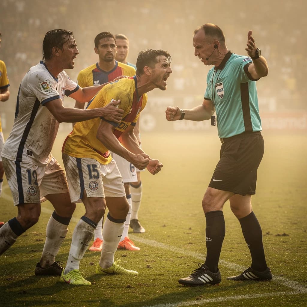 The soccer player clashes with the ref. It is thick and humid and the heat is getting to the players. His friend tries to pull him off before he causes any more trouble.