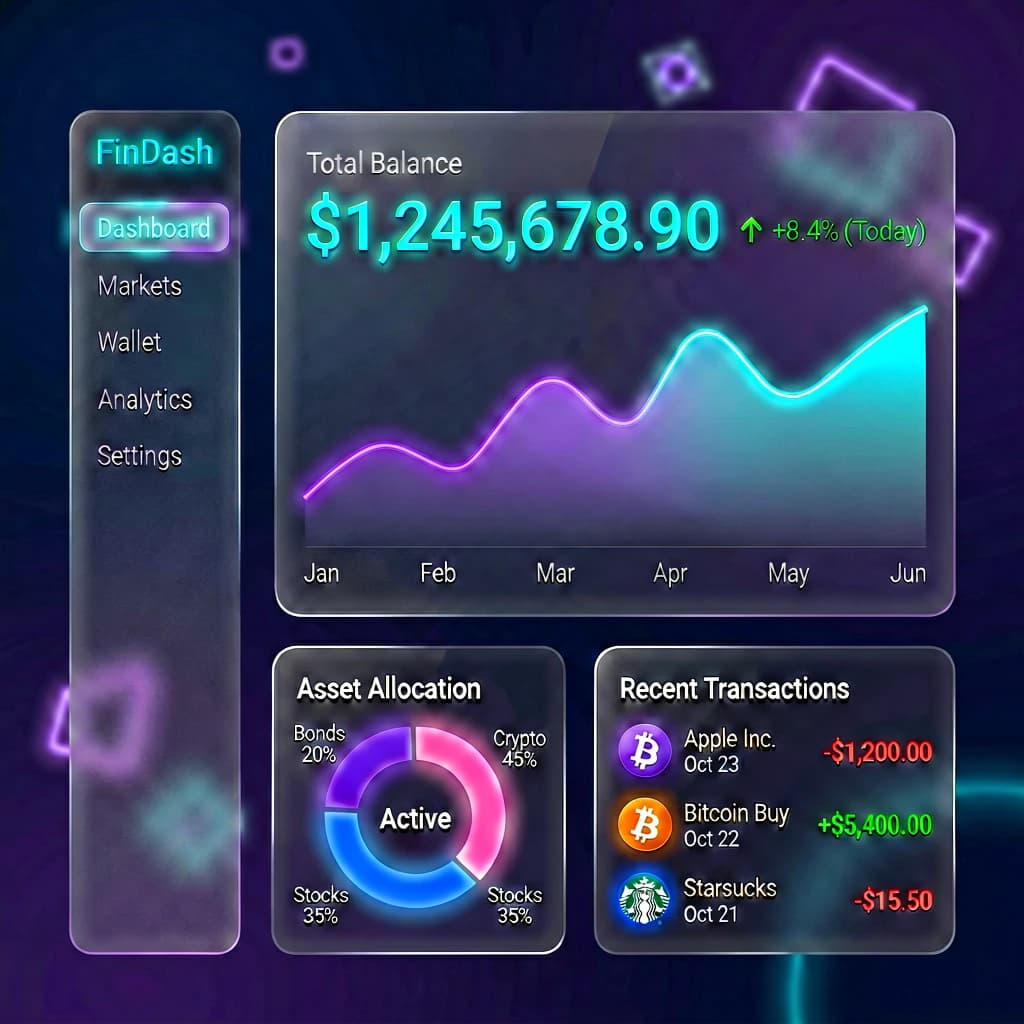 Make a dark mode finance dashboard with charts, glassmorphism, soft neon glow.