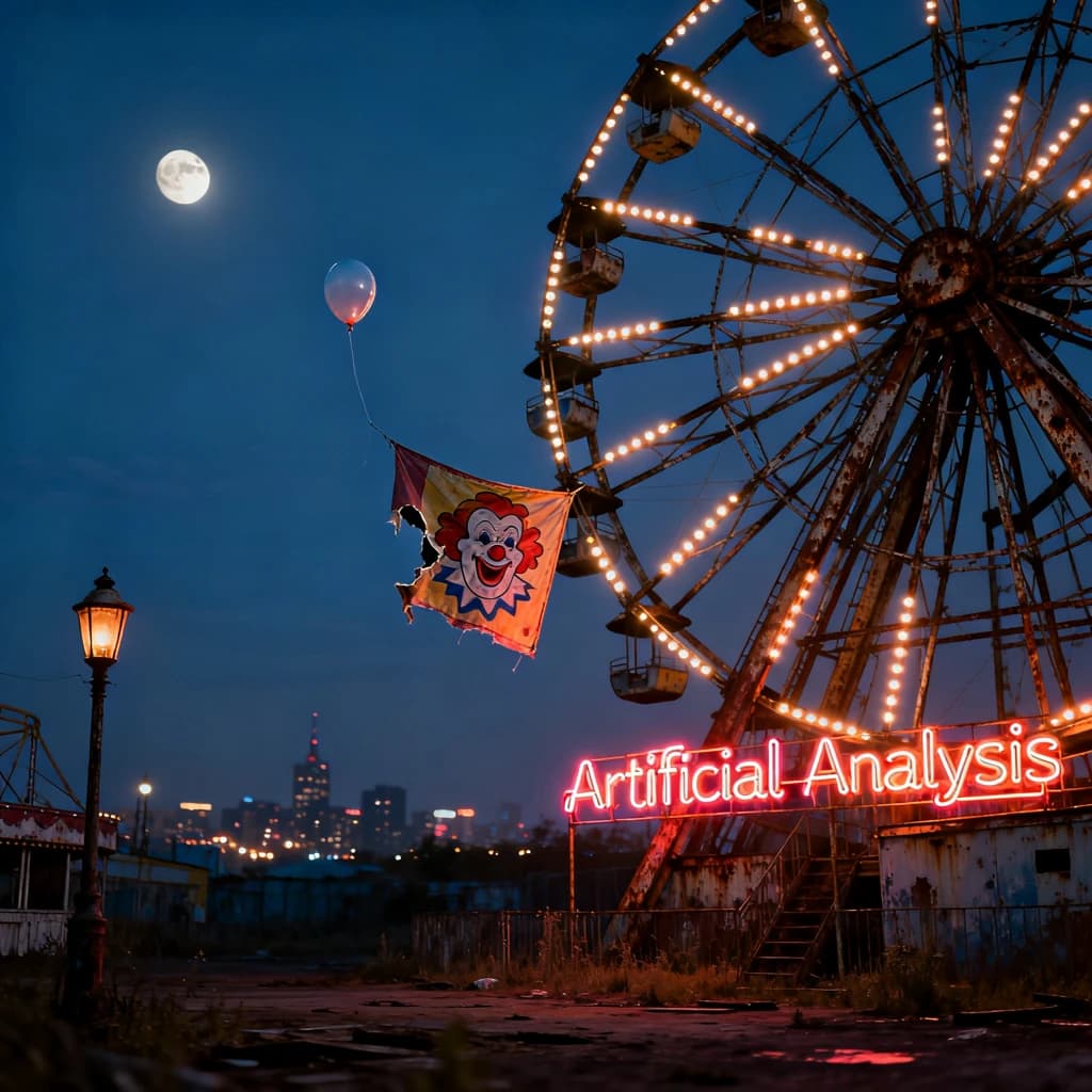 A deserted amusement park glows faintly under a half-moon. The ferris wheel is rusting yet strung with fresh, blinking LED lights. A torn clown banner flaps in a windless air. A lone balloon floats upward, tethered to nothing, while in the far distance city lights flicker on - some neon, some gas lamps as though from another century. 'Artificial Analysis' glows in neon