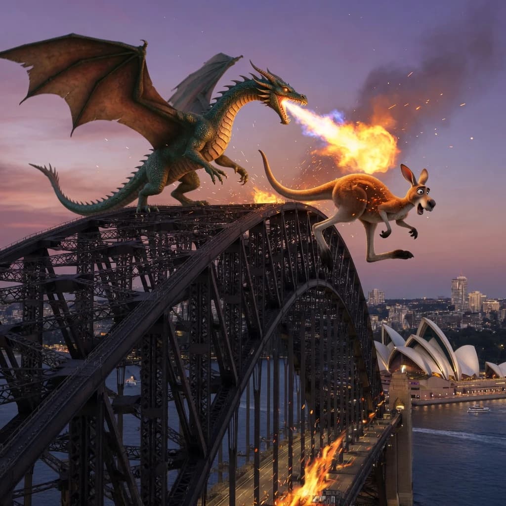 A dragon breathes fire at a kangaroo that is running away by climbing over the top of the Sydney Harbour Bridge. Opera House visible in the background.
