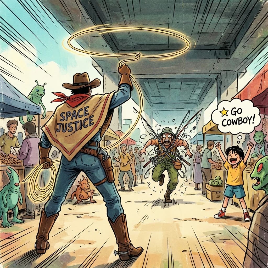The space cowboy chases the deranged fisherman underneath the causeway, eager to collect on his bounty. Fishing rods and lines hang off the back off the fishermen as he darts between the bustling market crowd. We see the back of the space cowboy in his space poncho emblazoned with the words SPACE JUSTICE, spinning his lasso over his head. A child on the sidelines excitedly cheers the cowboy. 1990s hand drawn anime style with strong fluidity