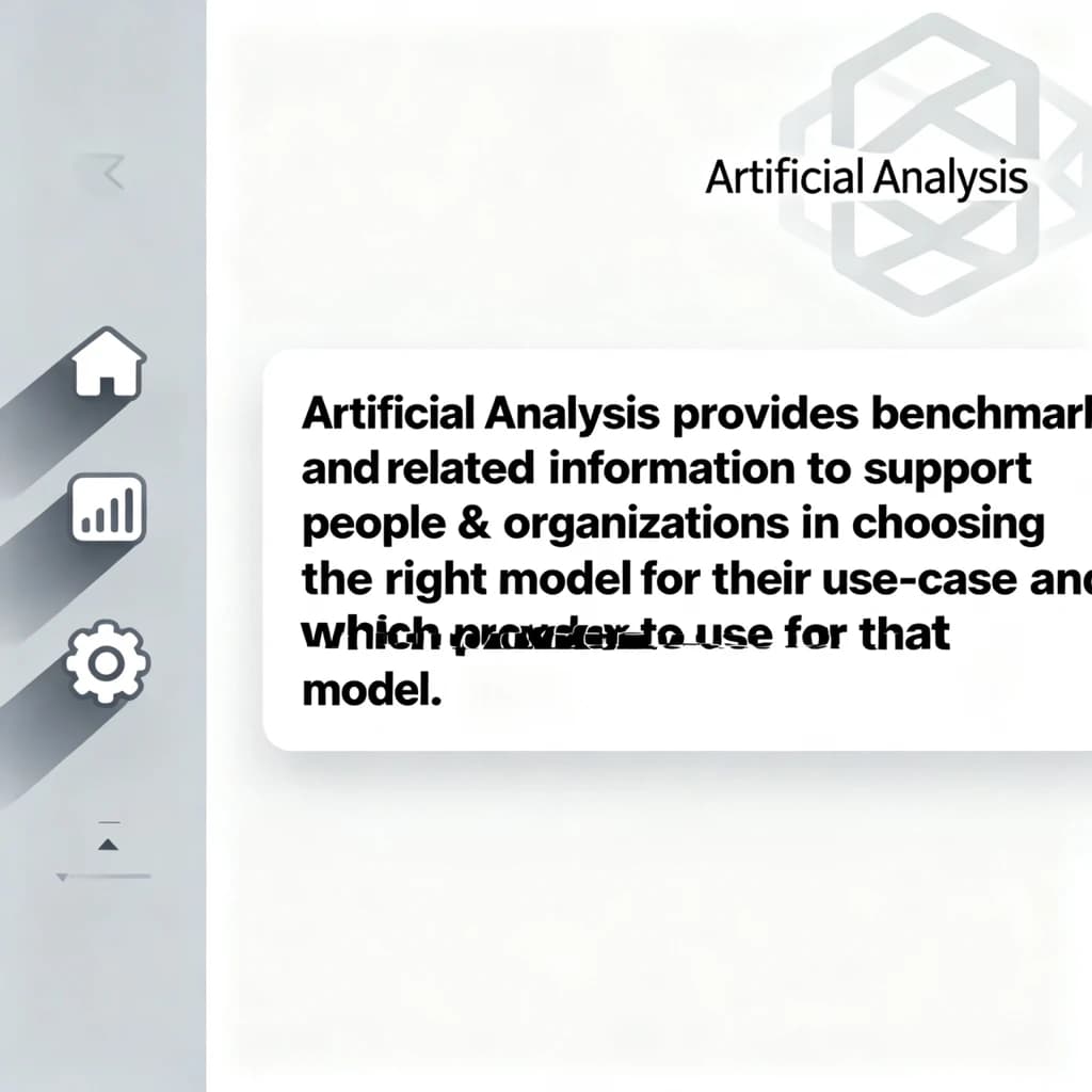 On a high-resolution dashboard mockup with a clean white background, display a centered text module in Helvetica Neue Regular, 18pt, black: “Artificial Analysis provides benchmarking and related information to support people & organizations in choosing the right model for their use-case and which provider to use for that model.” The text box is justified, but the final word wraps awkwardly onto its own line. To the left, a vertical navigation bar in light gray with three icons - home, chart, and settings - aligned evenly but casting misaligned shadows. In the upper right, the Artificial Analysis logo appears faintly, semi-transparent, watermarked over the corner of the interface.