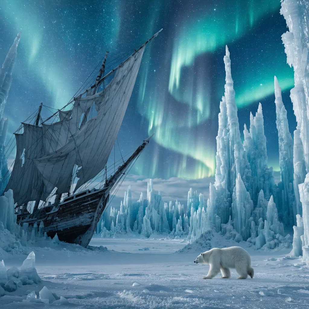 An endless tundra stretches outward, littered with jagged icebergs shaped like cathedral spires. A polar bear trudges across the foreground but leaves no tracks. Auroras ripple overhead. A half-buried shipwreck juts from the snow — sails billowing despite the still air.