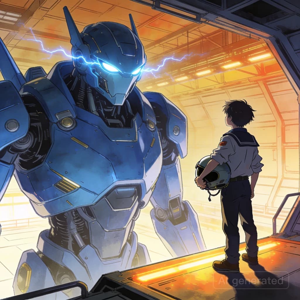 A teenage pilot grips his helmet under one arm, standing at the edge of a glowing hangar bay. Before him looms a sleek, steel-blue mech, its eyes lit with a cold electric glare. His school uniform is rumpled, a sharp contrast to the machine’s flawless plating. The vast scale engulfs him in shadow, emphasizing both awe and dread. Hand-drawn anime style.