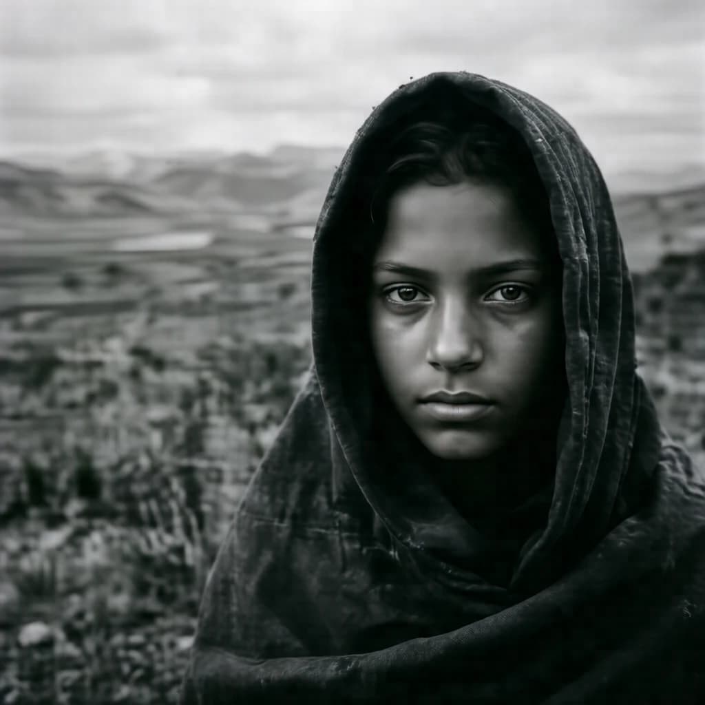 A dramatic black-and-white portrait of a young person draped in a hooded garment, their face framed by the hood's dark folds. Their skin tone and the subtle sheen on their cheeks create striking tonal contrast against the deep shadows. Their eyes are piercing, looking directly into the lens with a calm, steady intensity—neither confrontational nor submissive, but deeply present. The texture of the fabric is visible: it's dense, slightly weathered, and whisper-thin creases catch the light. In the background, an expansive, out-of-focus landscape suggests open space—perhaps distant plains or water—though the details remain soft and abstract. The overall mood is silent yet powerful, poised between vulnerability and resilience, with every highlight and shadow telling part of their story.