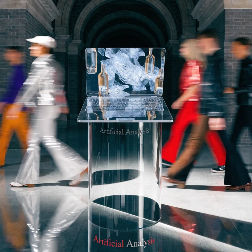 In a spotless gallery space, a pedestal supports a transparent laptop whose screen flickers between static and pristine brand imagery. Shoppers blur past in designer clothes that appear slightly outdated - bell bottoms, metallic jackets. The embossed logo “Artificial Analysis” glints silver, yet its reflection in the glass floor reads in crimson letters. A single spotlight shines, though shadows fall in two directions.