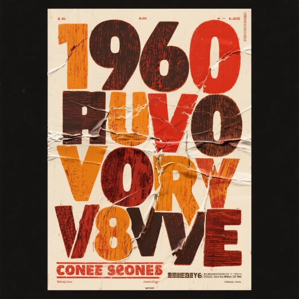Make a 1960s concert poster featuring bold wood type, misaligned ink, creases.