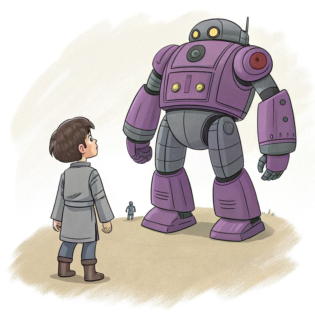 Clad in his body suit up to the neck, young Masa nervously approaches the towering mech with his back facing us. He is nervous for his first time in the field. The mech's bright purple colour scheme contrasts with the grey body suit. The scale of the mech dwarfs Masa. Hand drawn style