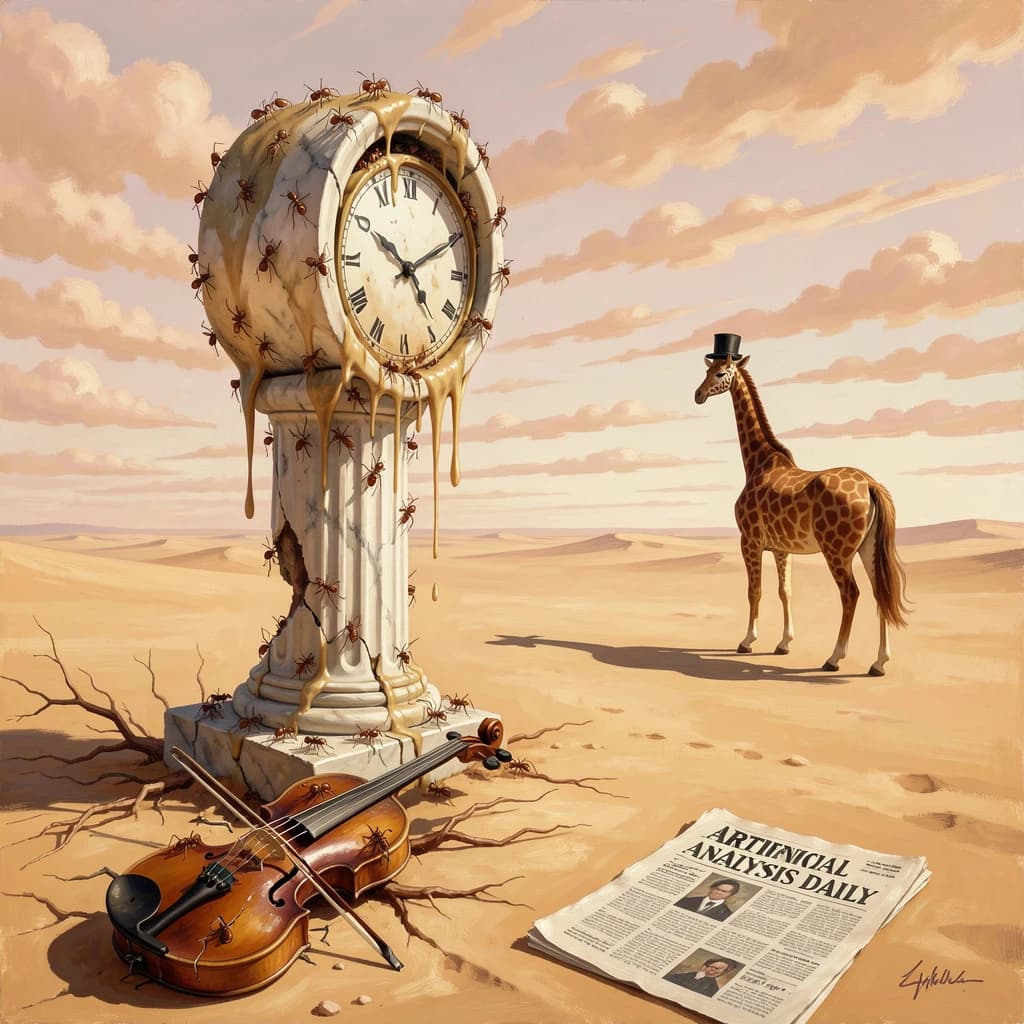 A vast desert plain stretches endlessly under a sky streaked with pale pink and ochre clouds. In the center stands a colossal clock, its face drooping and melting over the edge of a broken marble column. Ants swarm across its warped surface, glinting in the harsh sunlight. To the right, a horse with a giraffe like neck wearing a top hat strides toward the horizon, its shadow stretching miles across the sand. A cracked violin lies half-buried in the foreground, strings snapping outward like veins. Painted in the dreamlike surrealist style. A newspaper named the "Artificial Analysis Daily" lies on the Floor.