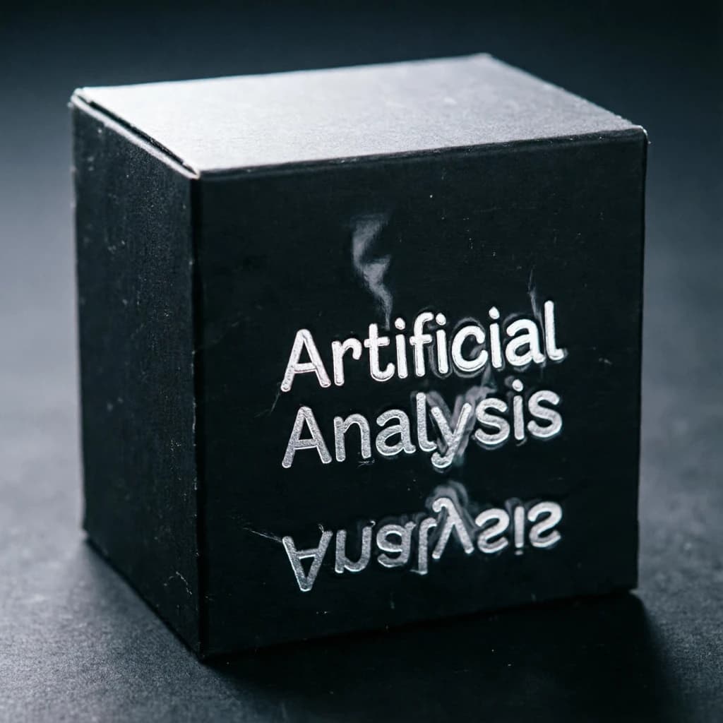 On the black box, silver foil embossing, centered: "Artificial Analysis" in Comic Sans Small Caps, perfectly justified. The letters are crisp, but the “Y” is duplicated faintly, ghosting right. On the box’s reflection, the word order is inverted: ARTIFICIAL ANALYSIS.