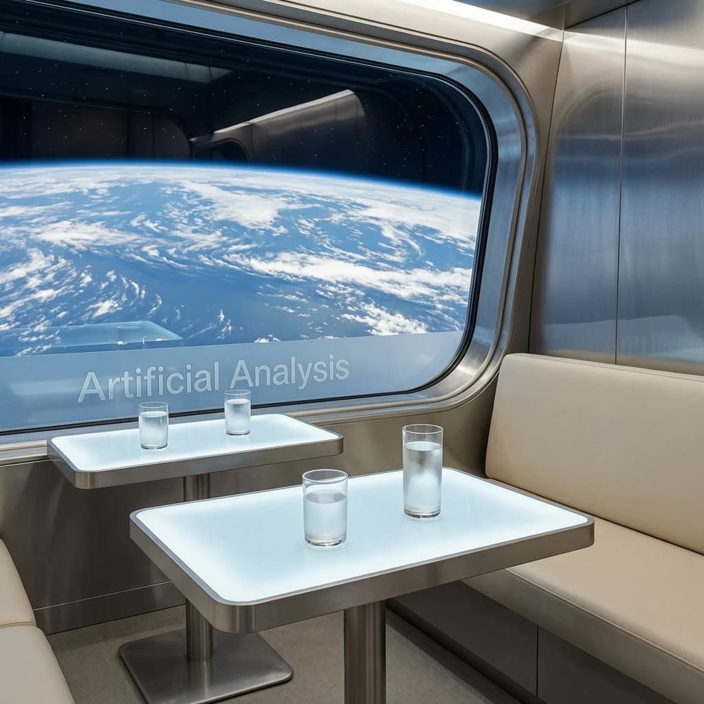 The orbital lounge has brushed aluminum walls and pale leather banquettes. Low white tables are inset with glowing touchscreens. Drinks are clear, flavorless, in tall unmarked glasses. The viewport is floor-to-ceiling, showing Earth moving slowly beneath. The word Artificial Analysis is etched discreetly on the glass in a frosted band.