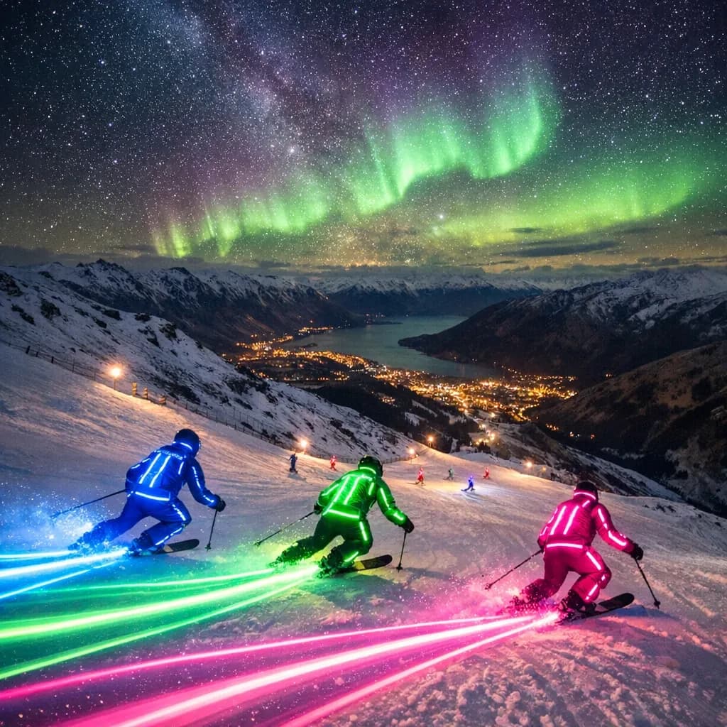 Coronet Peak Night Skiing: Skiers in colorful LED suits carve their way down the slopes of New Zealand's Coronet Peak under the Aurora Borealis, the skiers' light trails visible behind them