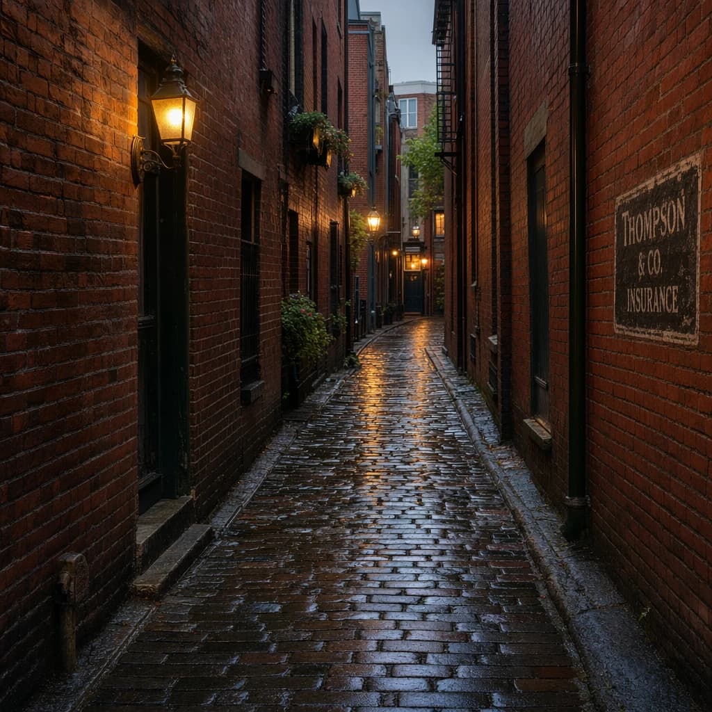 Show a narrow brick alley with wet cobblestones.