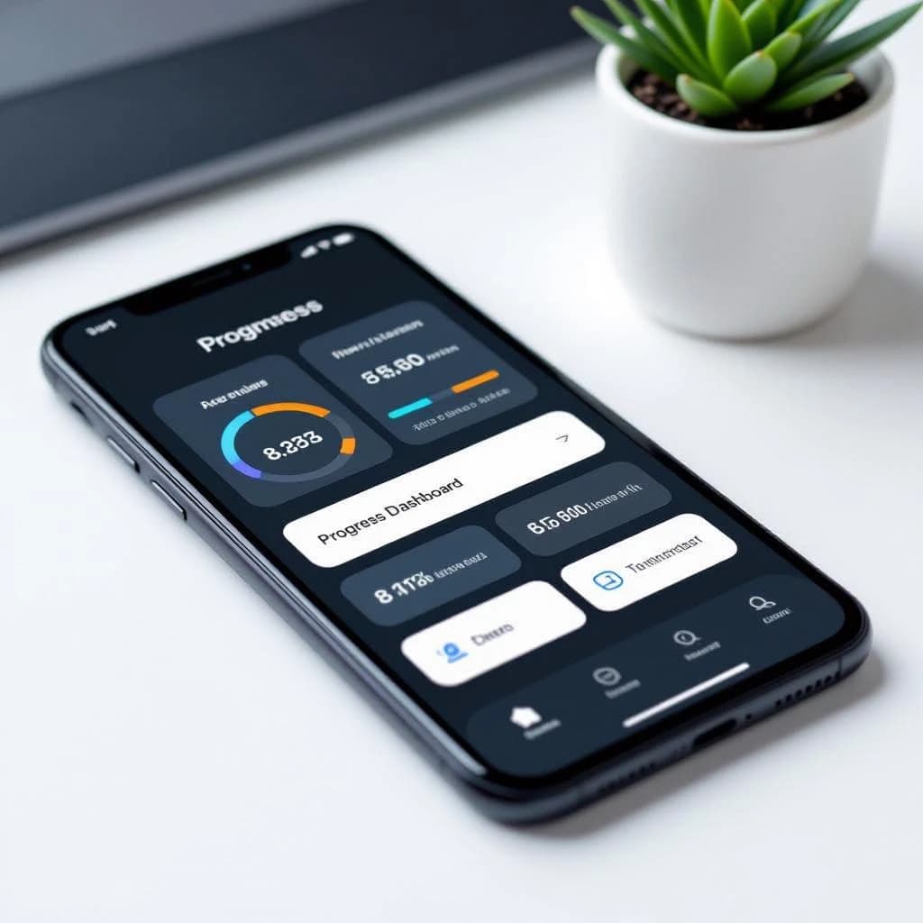 Sleek mobile fitness app screens on a desk: dark mode home, progress dashboard, simple onboarding, clear 8 pt grid, slightly oversized buttons for thumb reach, muted colors.
