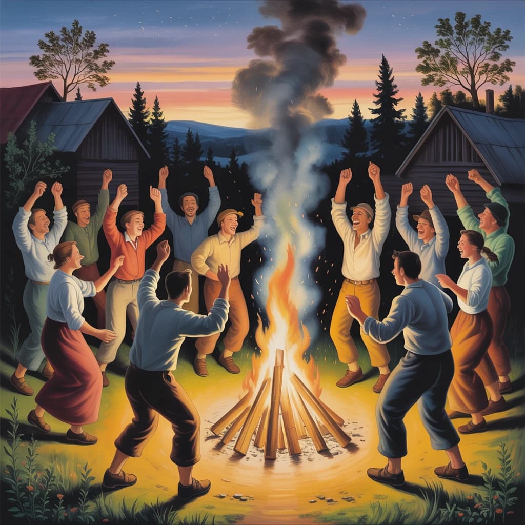 Make an oil painting of villagers dancing by a bonfire at dusk, a bit smoky.