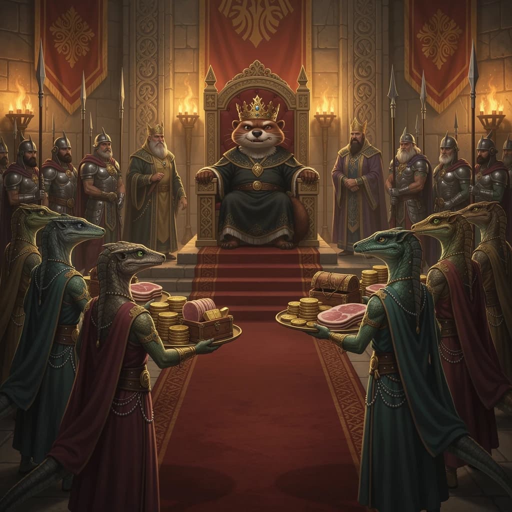 Big Weasel, the tyrannical ruler of the Levitus, slouches on his throne, his mood foul but somewhat brightened by the sight of gifts - a wearisome group of lizard traders adorned in fine silks proceed toward him through the hall with their annual tribute of biscuits, ham and gold - Big Weasel's favourites. Big Weasel's entourage looks on with stern approval.