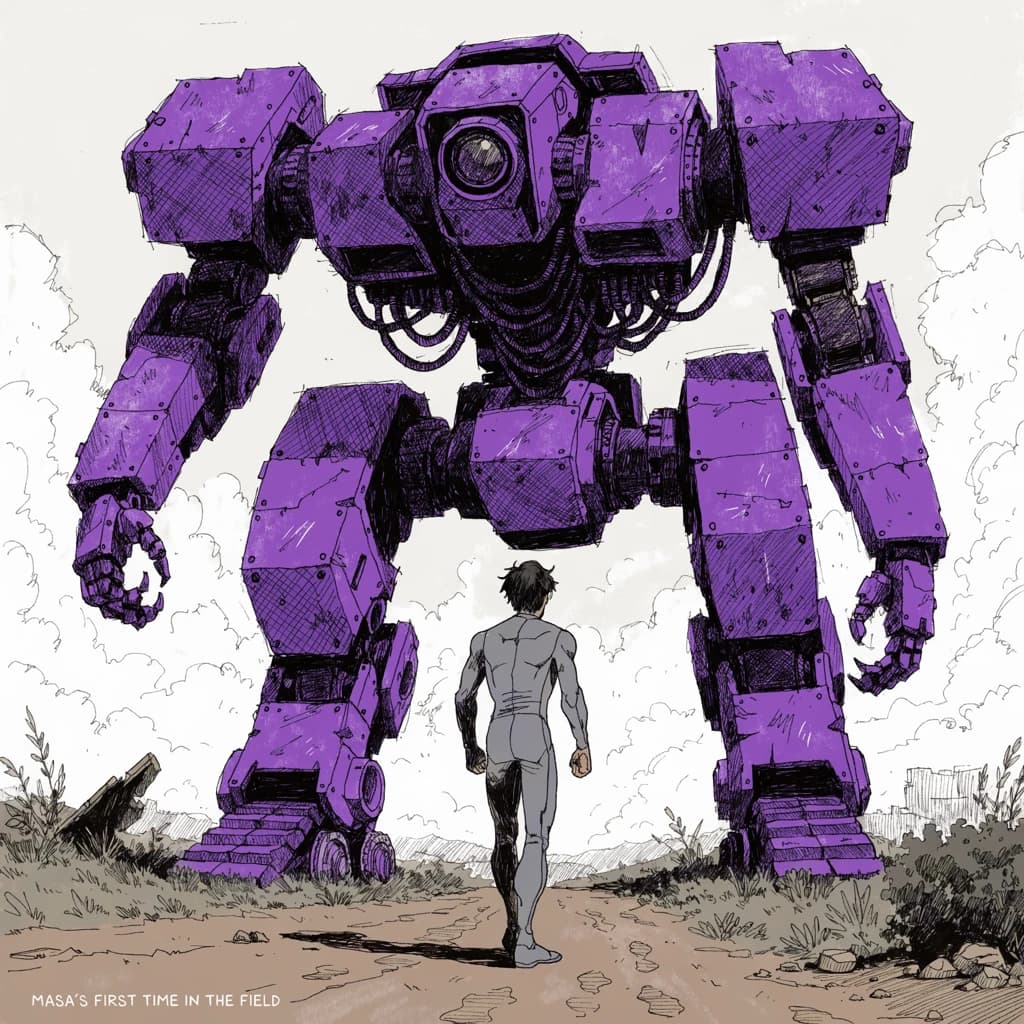 Clad in his body suit up to the neck, young Masa nervously approaches the towering mech with his back facing us. He is nervous for his first time in the field. The mech's bright purple colour scheme contrasts with the grey body suit. The scale of the mech dwarfs Masa. Hand drawn style