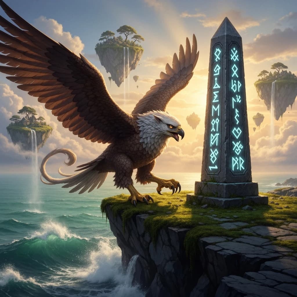 At dawn, a winged griffin lands on a mossy cliff above a jade sea beside a runed obelisk; floating isles drift under golden sunbeams, with a bit of sea spray and glowing runes.