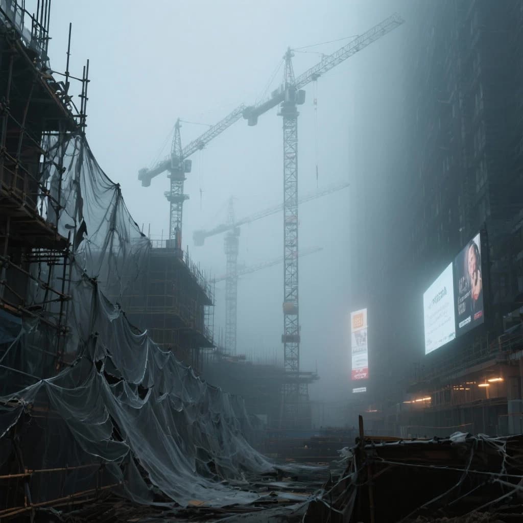 A construction site stretched upward into fog, cranes frozen in silhouette. Wind rattled scaffolding draped with torn mesh that glowed faintly from nearby billboards