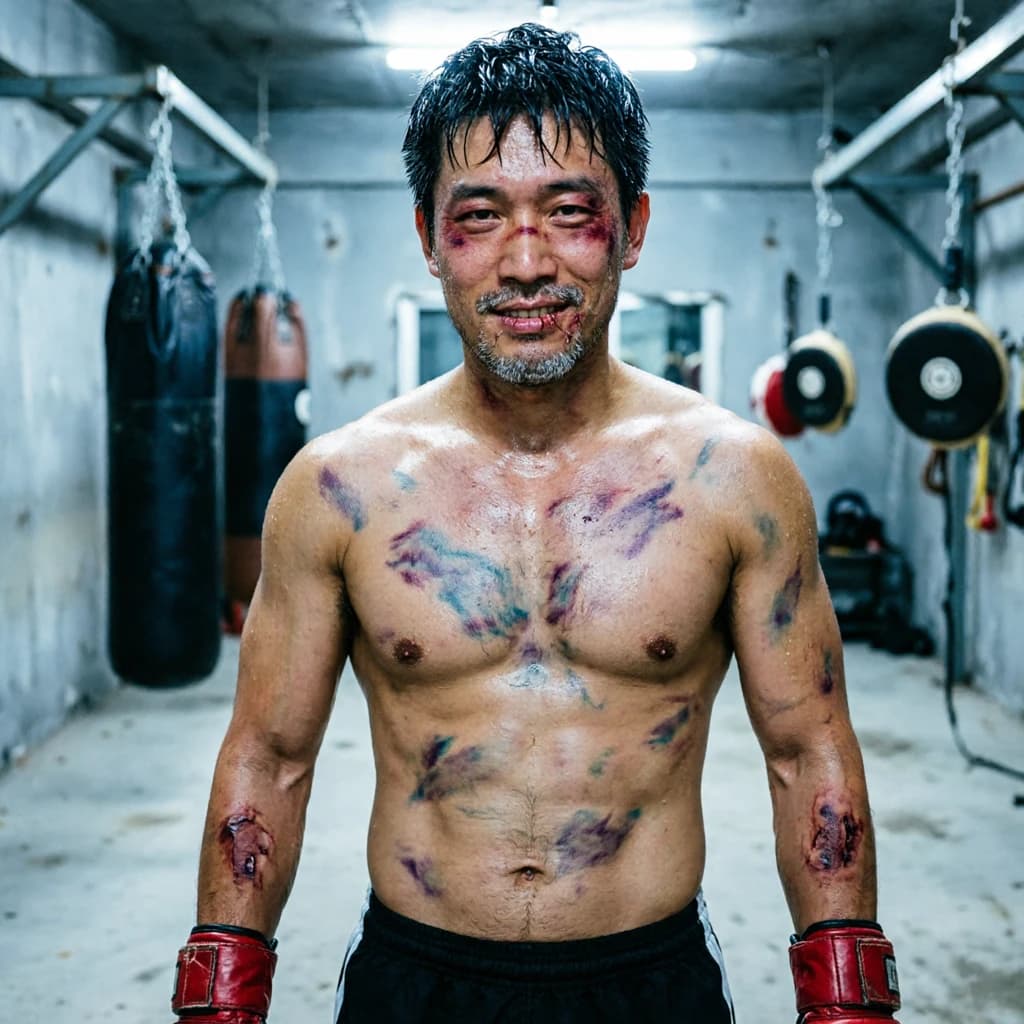 Paint a bruised boxer smiling, serious expression.