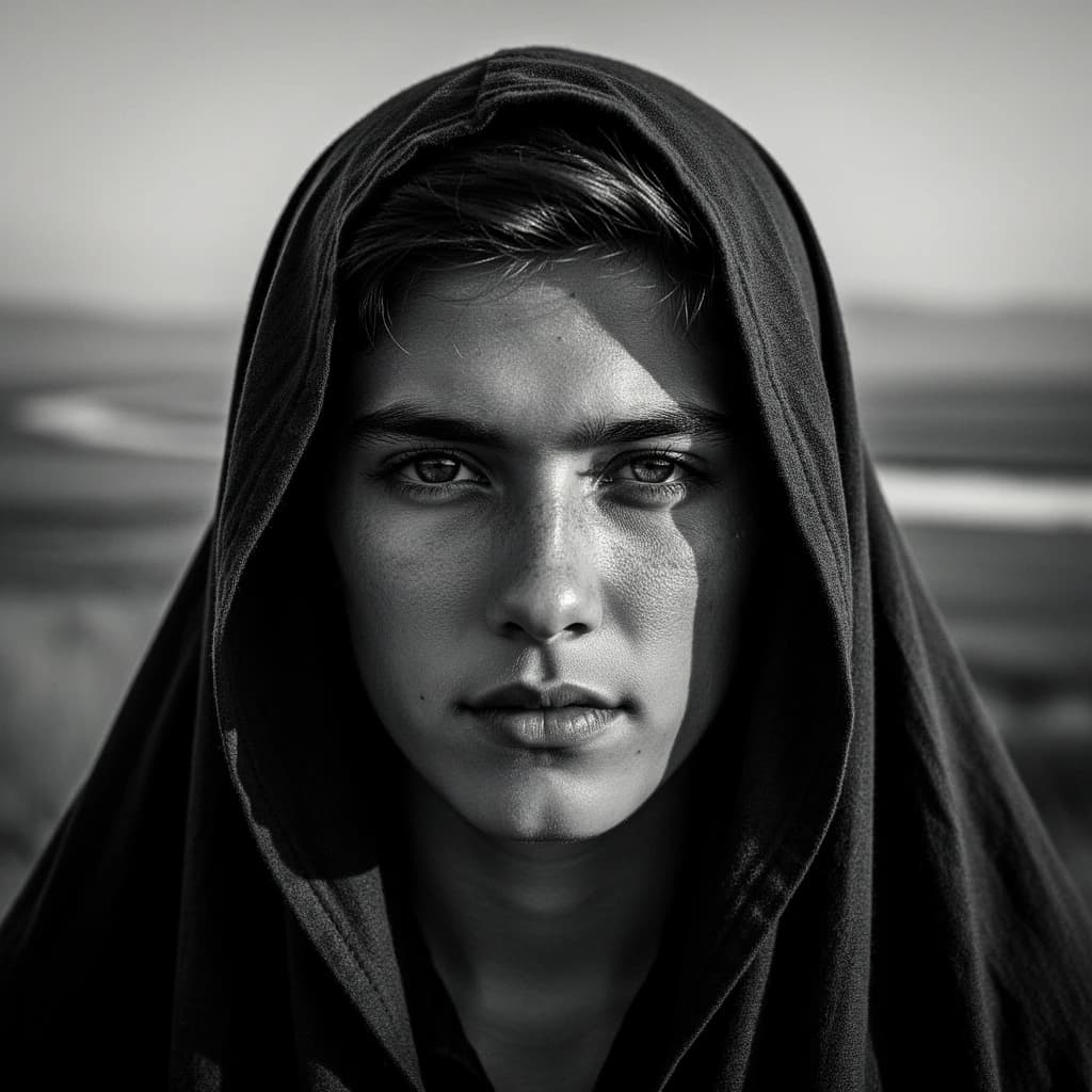 A dramatic black-and-white portrait of a young person draped in a hooded garment, their face framed by the hood's dark folds. Their skin tone and the subtle sheen on their cheeks create striking tonal contrast against the deep shadows. Their eyes are piercing, looking directly into the lens with a calm, steady intensity—neither confrontational nor submissive, but deeply present. The texture of the fabric is visible: it's dense, slightly weathered, and whisper-thin creases catch the light. In the background, an expansive, out-of-focus landscape suggests open space—perhaps distant plains or water—though the details remain soft and abstract. The overall mood is silent yet powerful, poised between vulnerability and resilience, with every highlight and shadow telling part of their story.