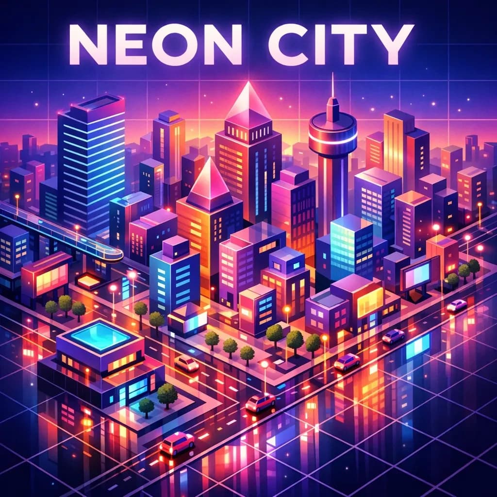 Render an isometric city poster with geometric buildings, neon gradients, gloss highlights, soft AO shadows, clean sans-serif lettering, grid layout, reflections a bit overexposed.