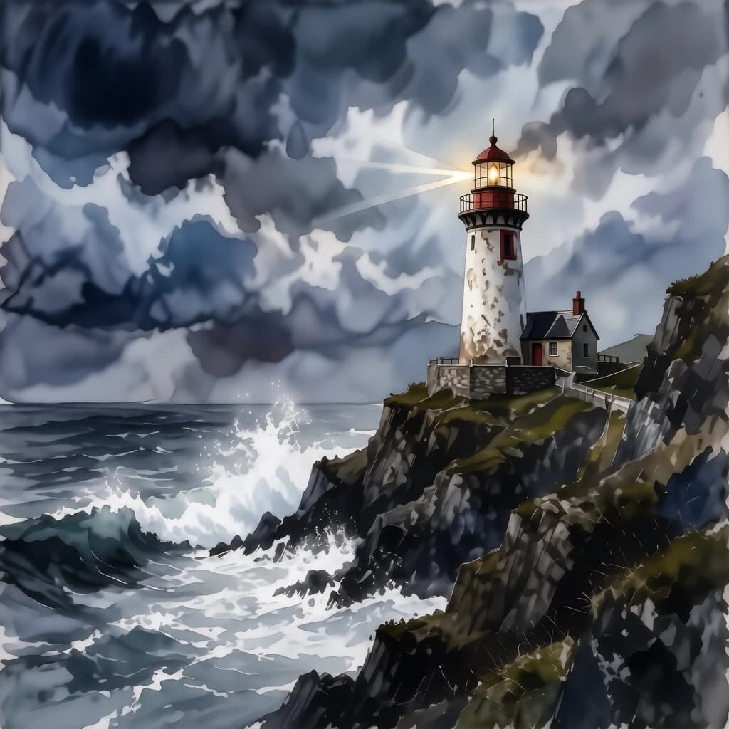 Please paint a watercolor of stormy cliffs and a lighthouse, moody sky.