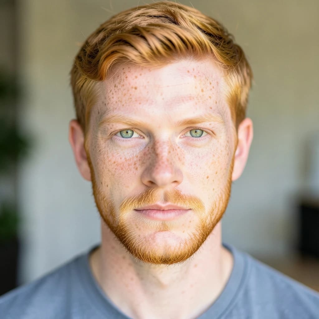 Shoot a natural light headshot of a red-haired man with freckles, green eyes.