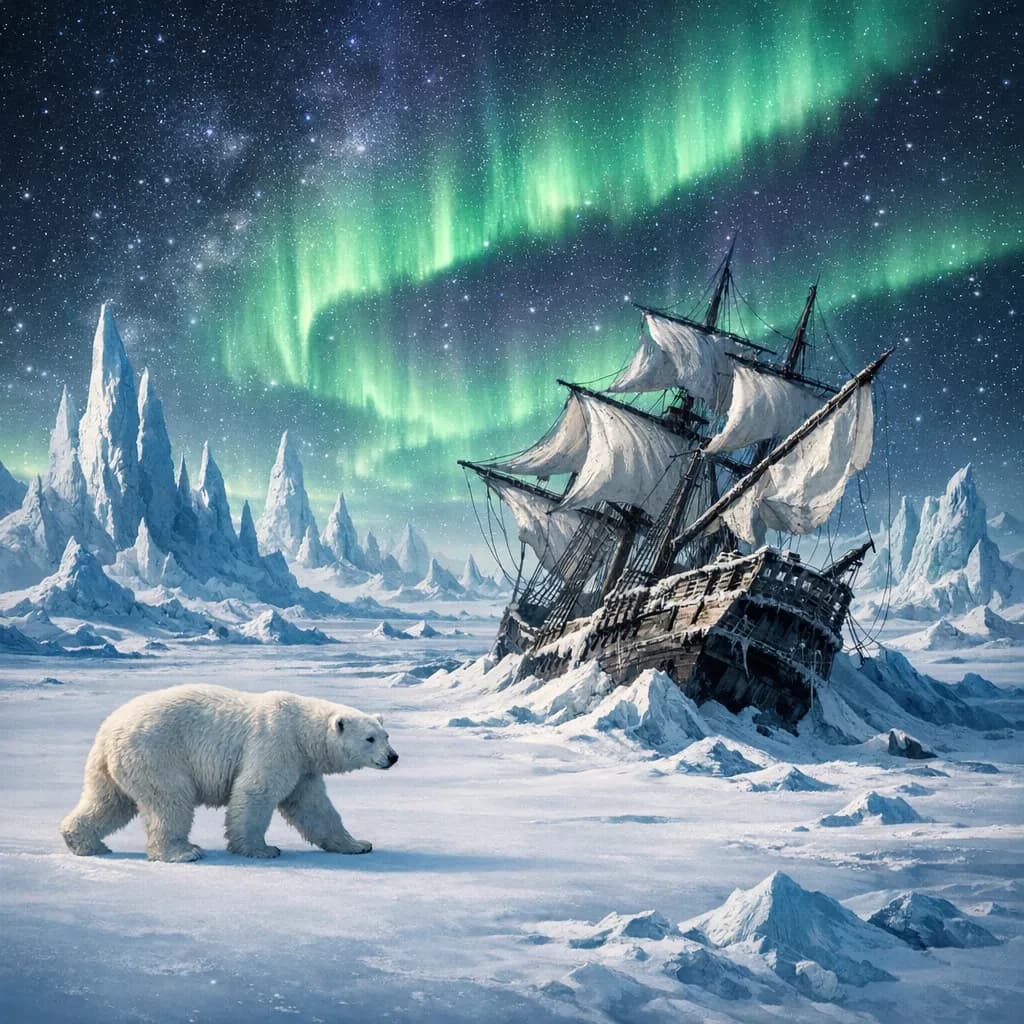 An endless tundra stretches outward, littered with jagged icebergs shaped like cathedral spires. A polar bear trudges across the foreground but leaves no tracks. Auroras ripple overhead. A half-buried shipwreck juts from the snow — sails billowing despite the still air.