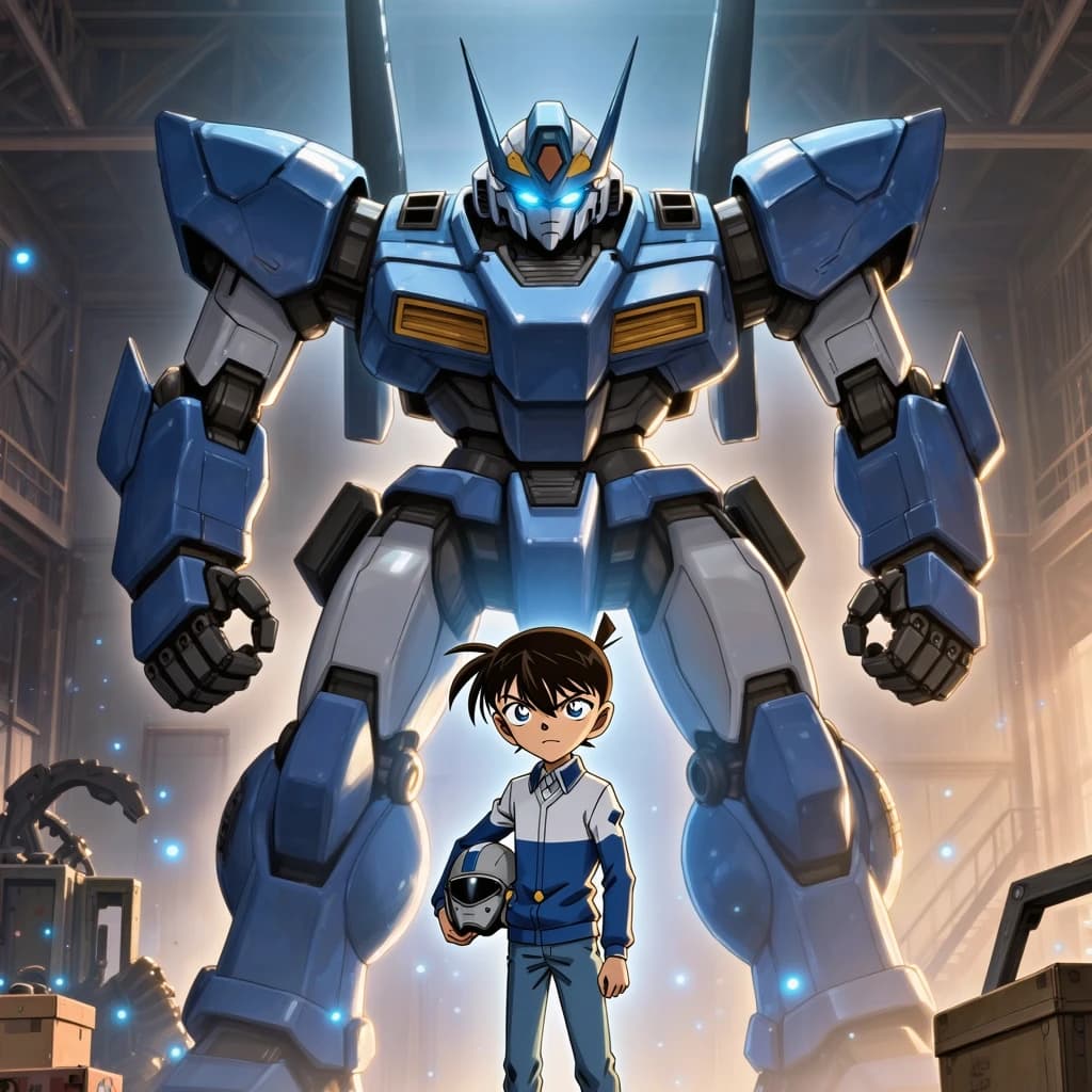 A teenage pilot grips his helmet under one arm, standing at the edge of a glowing hangar bay. Before him looms a sleek, steel-blue mech, its eyes lit with a cold electric glare. His school uniform is rumpled, a sharp contrast to the machine’s flawless plating. The vast scale engulfs him in shadow, emphasizing both awe and dread. Hand-drawn anime style.