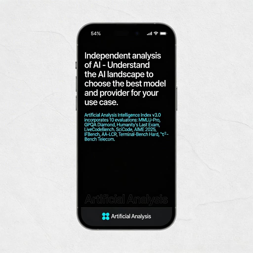 On a black smartphone UI with rounded corners, display a centered text block in white San Francisco font, 16pt: “Independent analysis of AI - Understand the AI landscape to choose the best model and provider for your use case.” Below, in neon cyan, monospace font, smaller size: “Artificial Analysis Intelligence Index v3.0 incorporates 10 evaluations: MMLU-Pro, GPQA Diamond, Humanity's Last Exam, LiveCodeBench, SciCode, AIME 2025, IFBench, AA-LCR, Terminal-Bench Hard, 𝜏²-Bench Telecom.” The second block scrolls horizontally as a ticker. The battery icon in the status bar shows 54%. The Artificial Analysis logo appears faintly, embossed into the bottom navigation bar.
