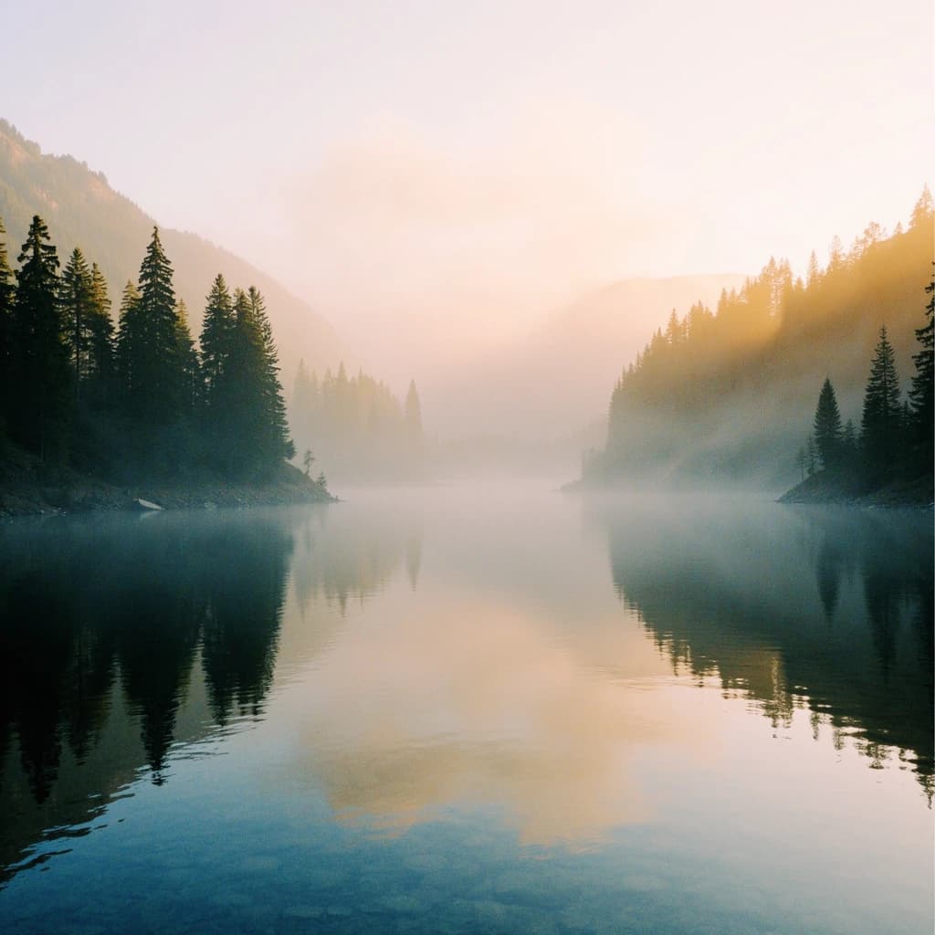 I want a photo of a misty alpine lake at dawn, pines, glassy water, warm light.