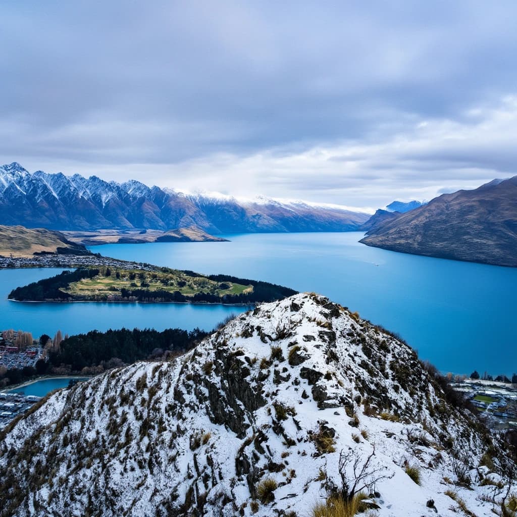 Queenstown's Lake Wakatipu, viewed from the top of Queenstown Hill after a snowstorm just dusted the top of Cecil's Peak