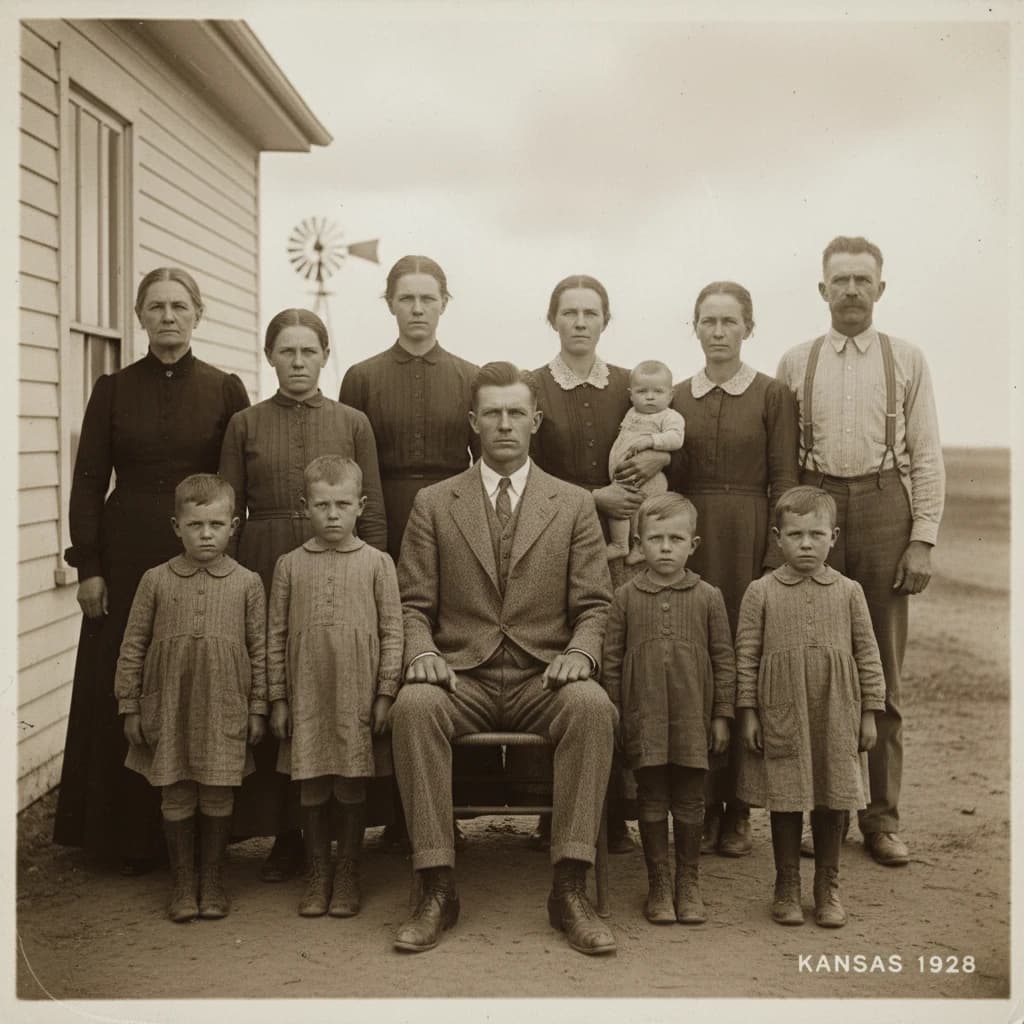 Everybody holds still and nobody smiles for the family portrait. It's 1928 in Kansas