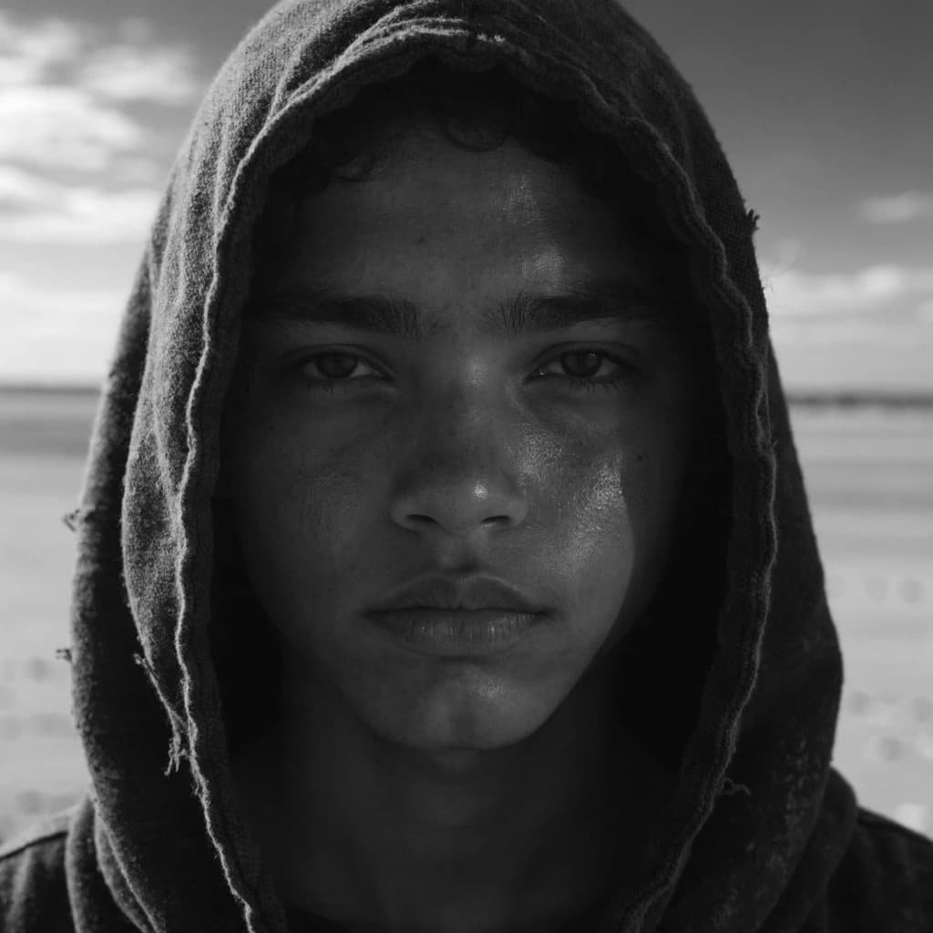 A dramatic black-and-white portrait of a young person draped in a hooded garment, their face framed by the hood's dark folds. Their skin tone and the subtle sheen on their cheeks create striking tonal contrast against the deep shadows. Their eyes are piercing, looking directly into the lens with a calm, steady intensity—neither confrontational nor submissive, but deeply present. The texture of the fabric is visible: it's dense, slightly weathered, and whisper-thin creases catch the light. In the background, an expansive, out-of-focus landscape suggests open space—perhaps distant plains or water—though the details remain soft and abstract. The overall mood is silent yet powerful, poised between vulnerability and resilience, with every highlight and shadow telling part of their story.