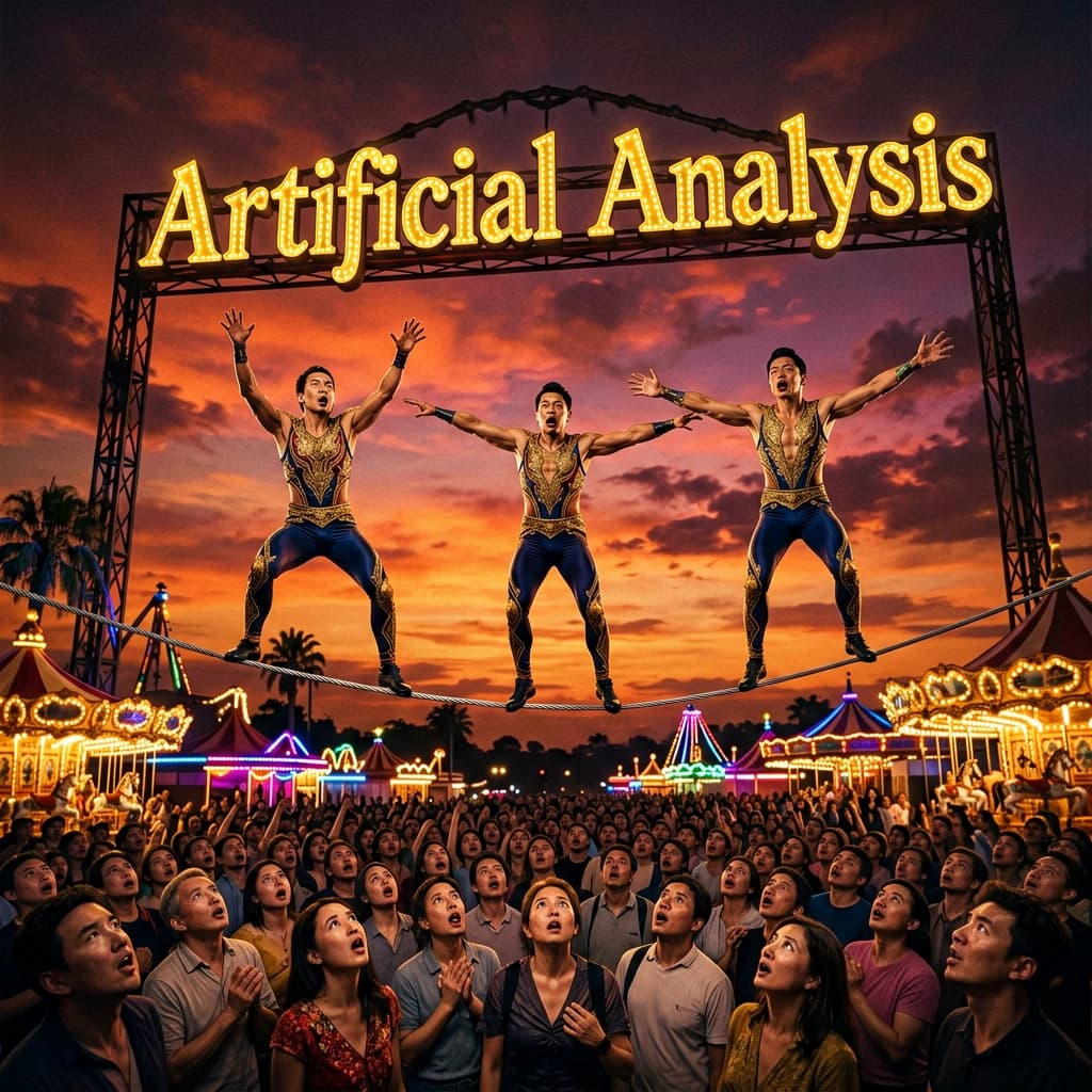 At dusk, high above a carnival crowd, three tightrope walkers balance on a single rope with no aids, one is off balance and grabbing at air. Below, the audience looks upward with baited anticipation. Artificial Analysis is spelled out in the background in carnival lights
