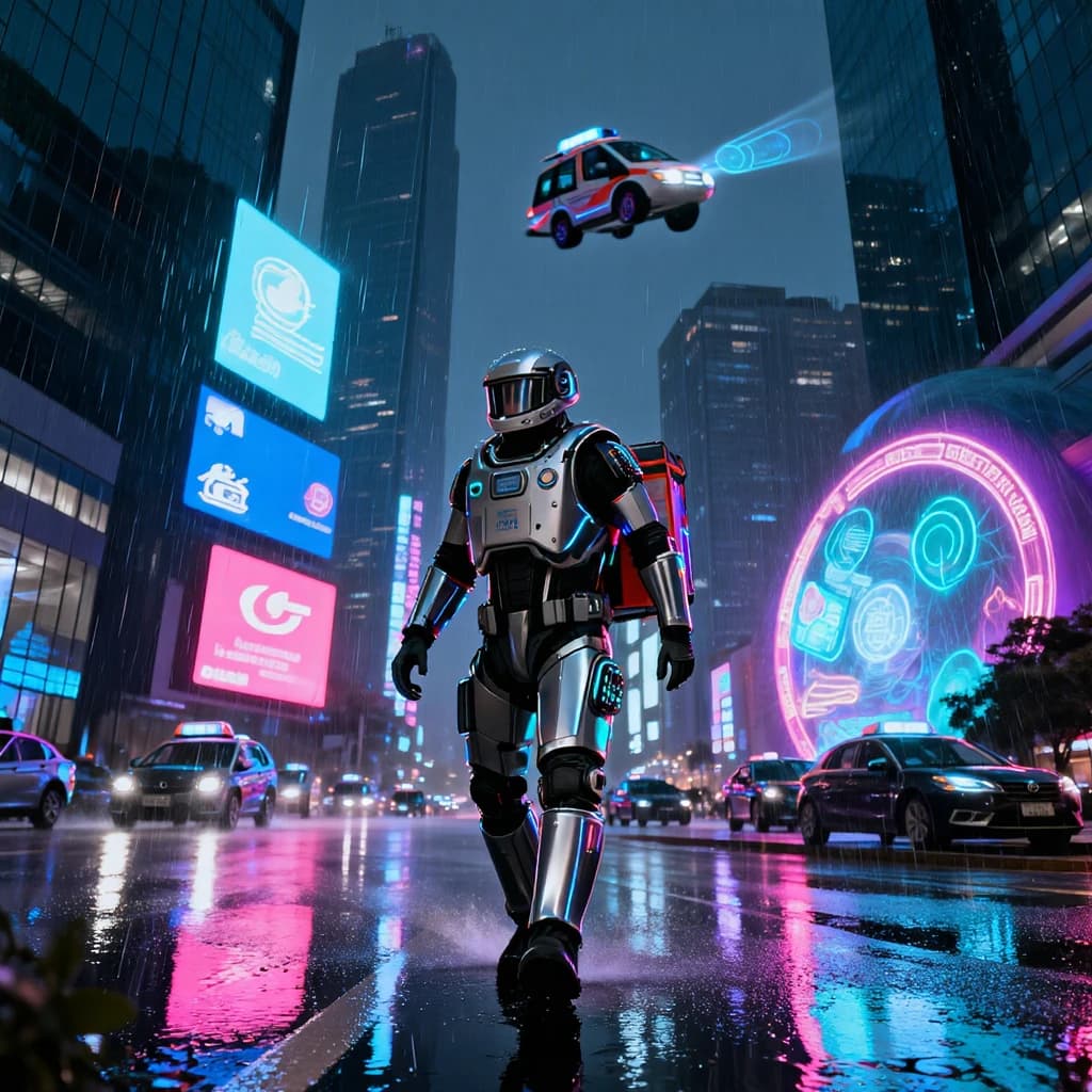Rain-soaked neon megacity at night, flying taxis weave between glass towers, giant holograms flicker; a lone courier in a matte exosuit, somewhat cinematic wide angle.