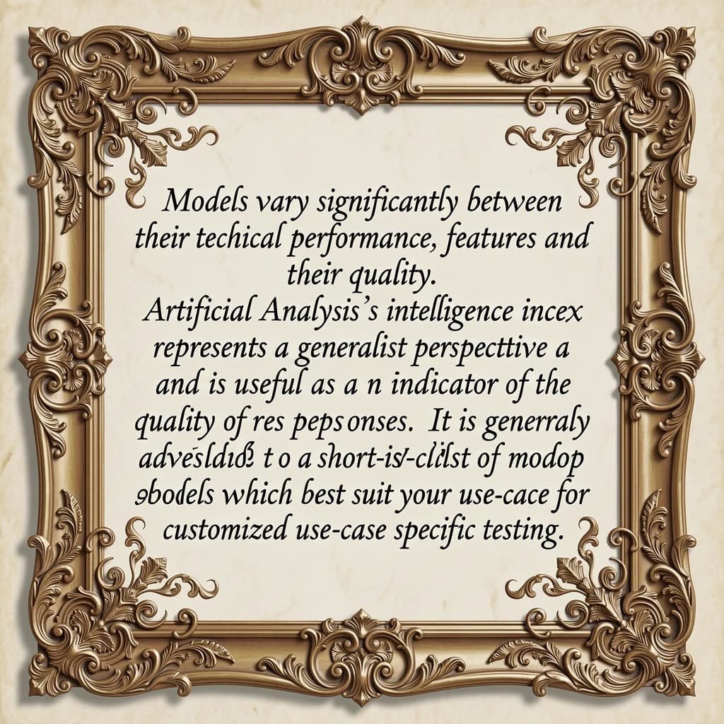 On a flat layout, write in an ornate baroque style "Models vary significantly between their technical performance, features and their quality. Artificial Analysis's intelligence index represents a generalist perspective and is useful as an indicator of the quality of responses. It is generally advisable to develop a short-list of models which best suit your use-case for customized use-case specific testing. "