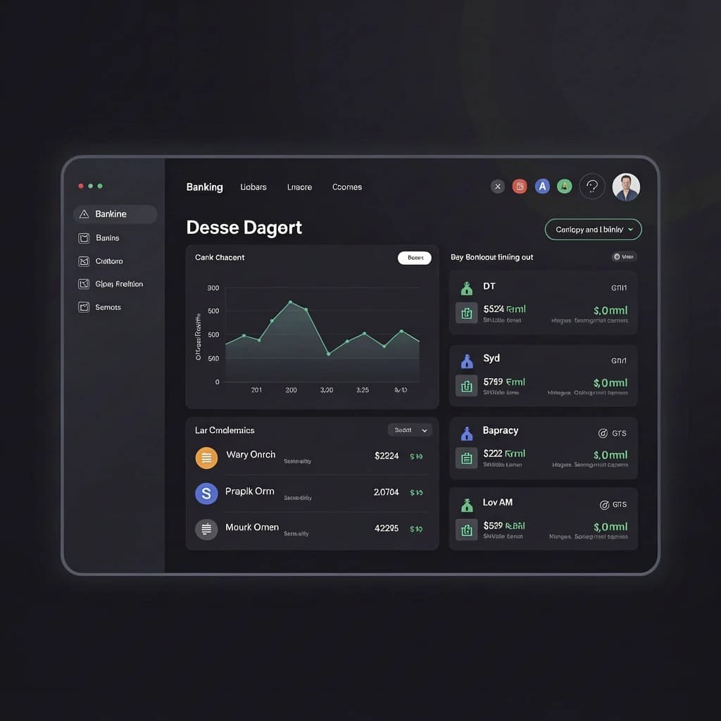 Dark mode banking dashboard with glassmorphism.