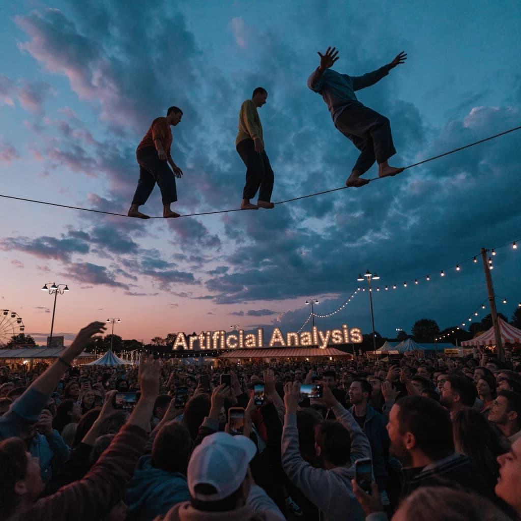 At dusk, high above a carnival crowd, three tightrope walkers balance on a single rope with no aids, one is off balance and grabbing at air. Below, the audience looks upward with baited anticipation. Artificial Analysis is spelled out in the background in carnival lights