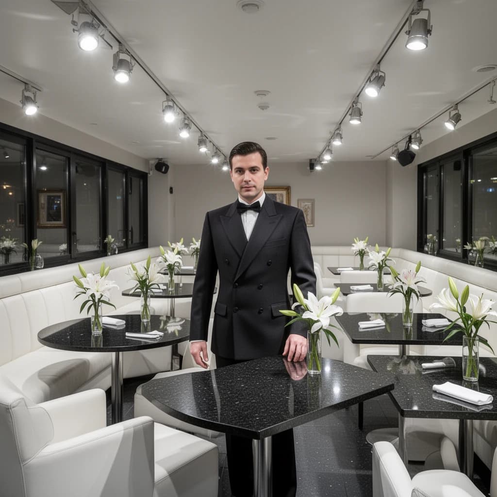 The place is almost empty. The banquettes are covered in white leather, the tables black granite, and the entire room is bathed in halogen track lighting that seems too bright. The maître d’ wears a double-breasted wool crepe jacket. There are lilies on every table.