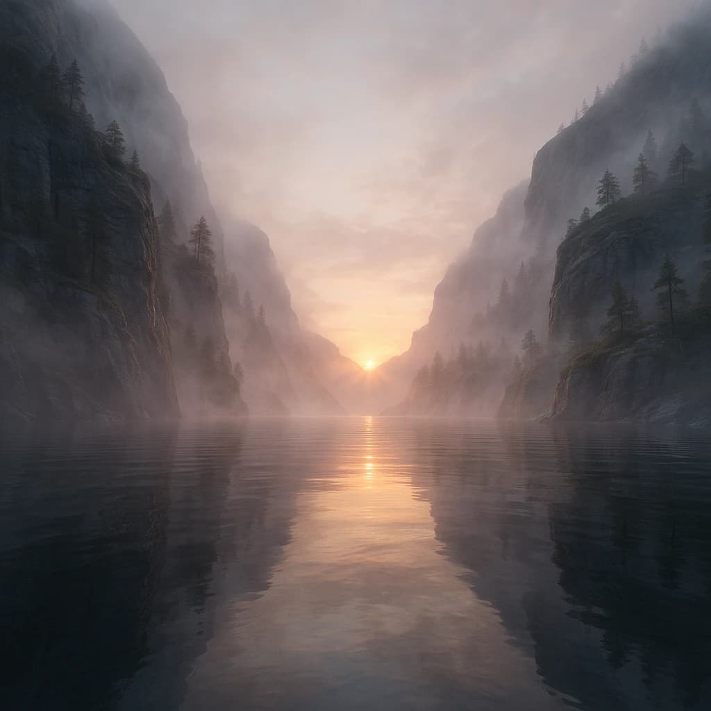 Frame a foggy fjord at sunrise, cliffs looming.