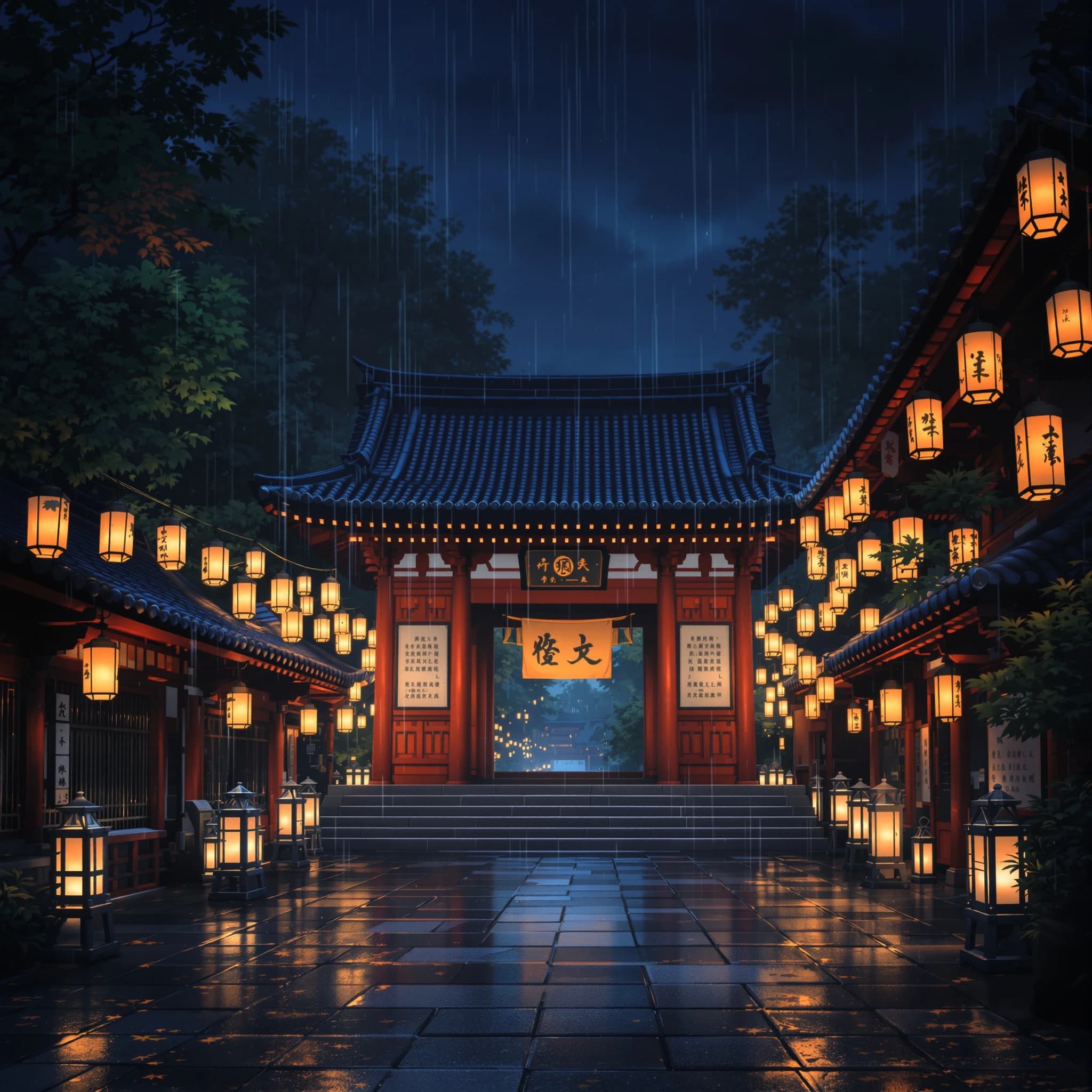 Lantern-lit shrine courtyard at night, cel-shaded, soft glow, drizzle.
