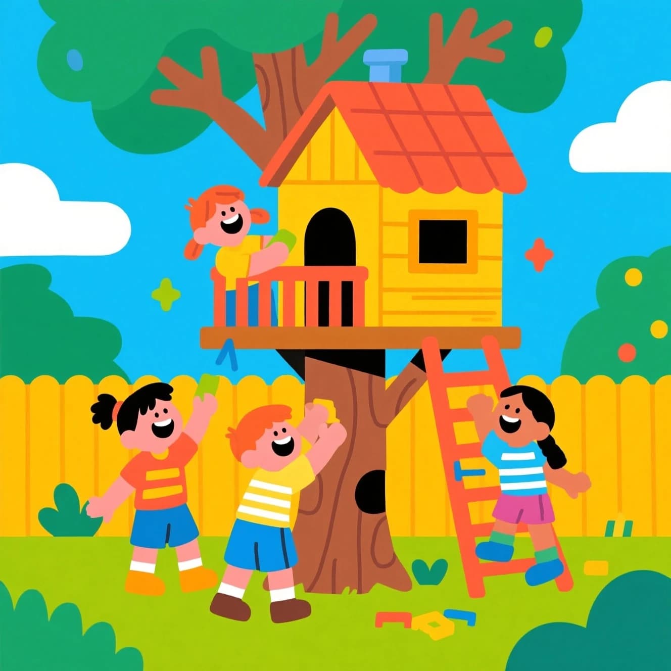 Kids build a backyard treehouse and laugh, bright flat colors, chunky outlines.