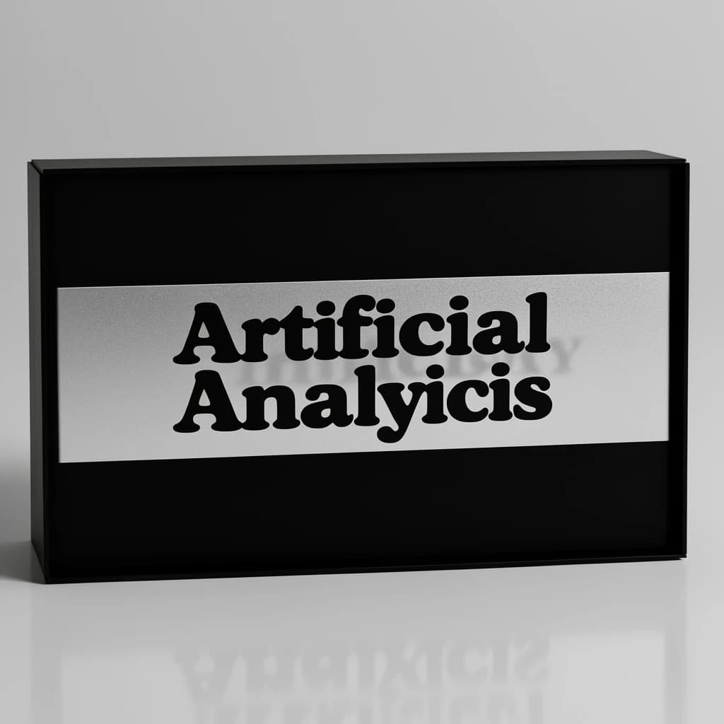 On the black box, silver foil embossing, centered: "Artificial Analysis" in Comic Sans Small Caps, perfectly justified. The letters are crisp, but the “Y” is duplicated faintly, ghosting right. On the box’s reflection, the word order is inverted: ARTIFICIAL ANALYSIS.