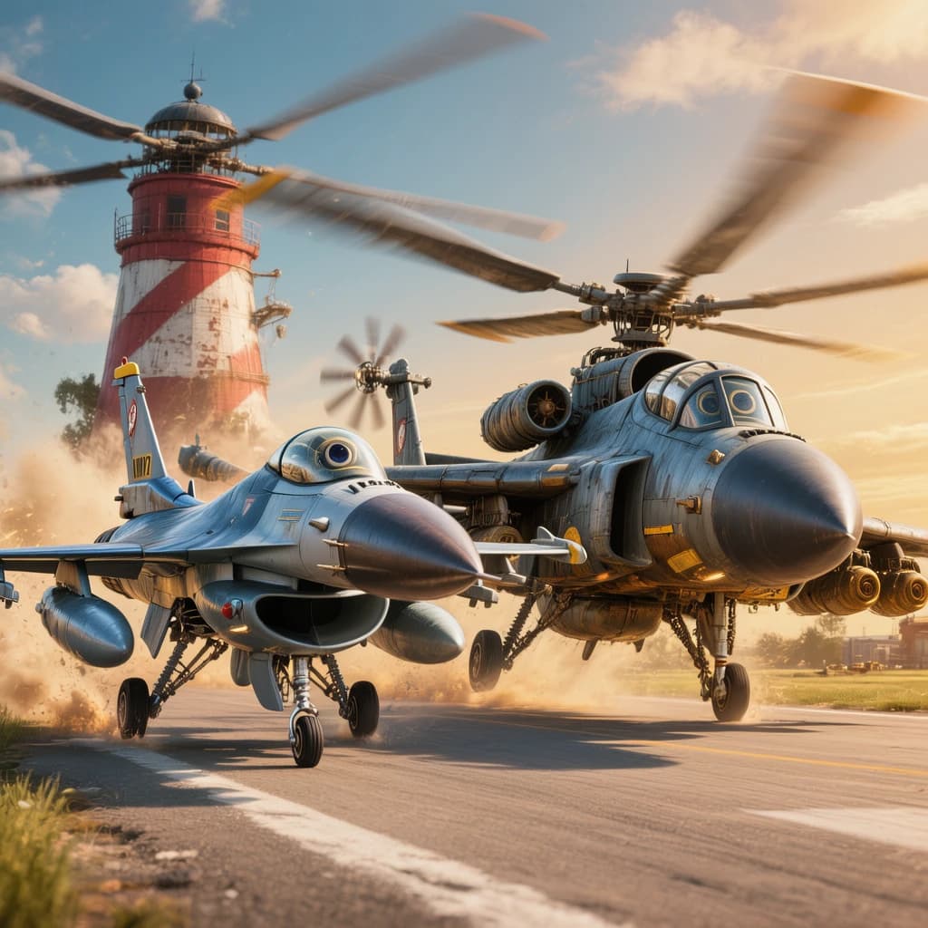 Almost at the runway, Fred the Fighter Jet is racing with Barry the Bomber to see who lands first. Fred has a mischievous trick up his sleeve but Hermione the Helicopter is going to stop him before he gets the chance. The control tower is very angry and has a big exclamation mark. Hand drawn cel look