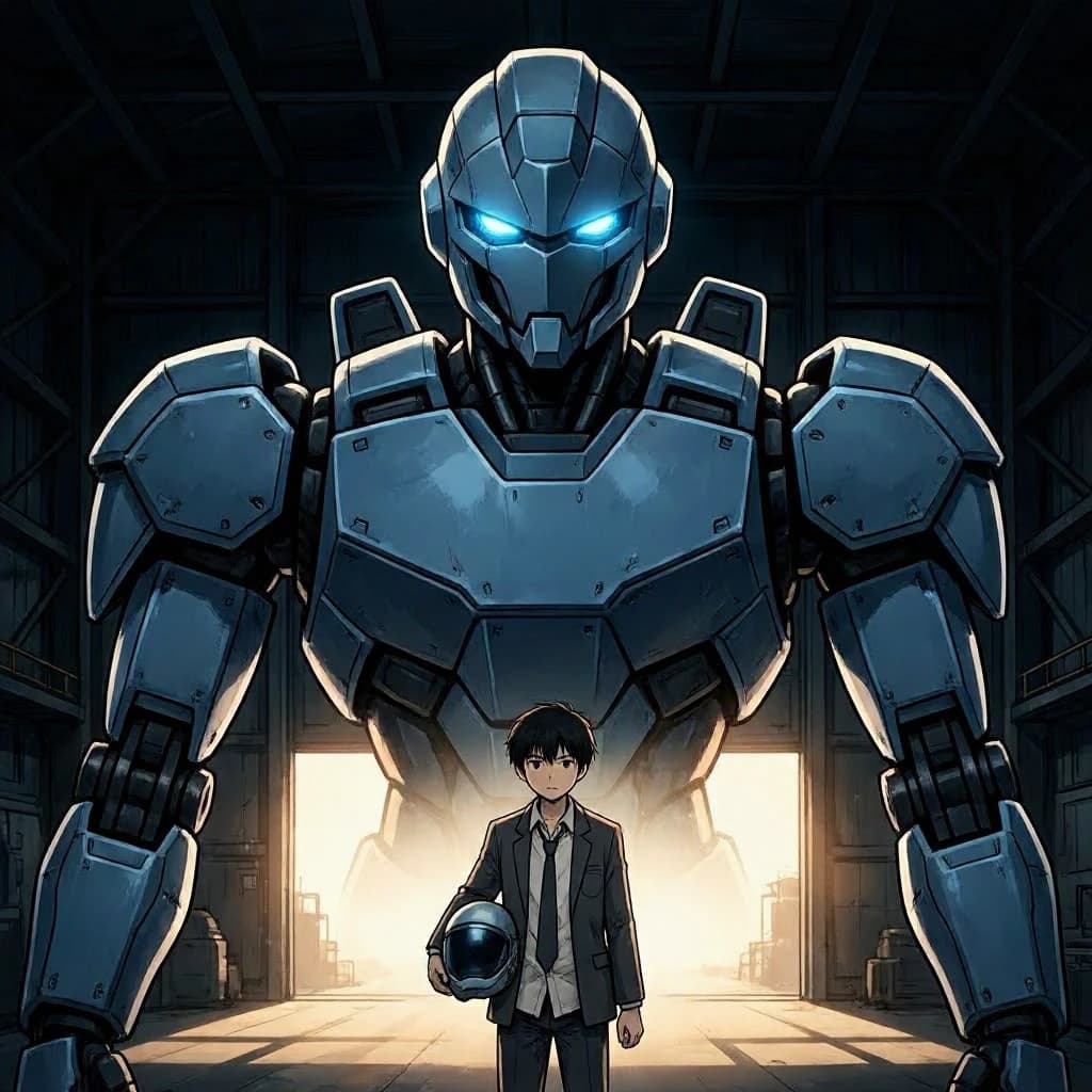 A teenage pilot grips his helmet under one arm, standing at the edge of a glowing hangar bay. Before him looms a sleek, steel-blue mech, its eyes lit with a cold electric glare. His school uniform is rumpled, a sharp contrast to the machine’s flawless plating. The vast scale engulfs him in shadow, emphasizing both awe and dread. Hand-drawn anime style.