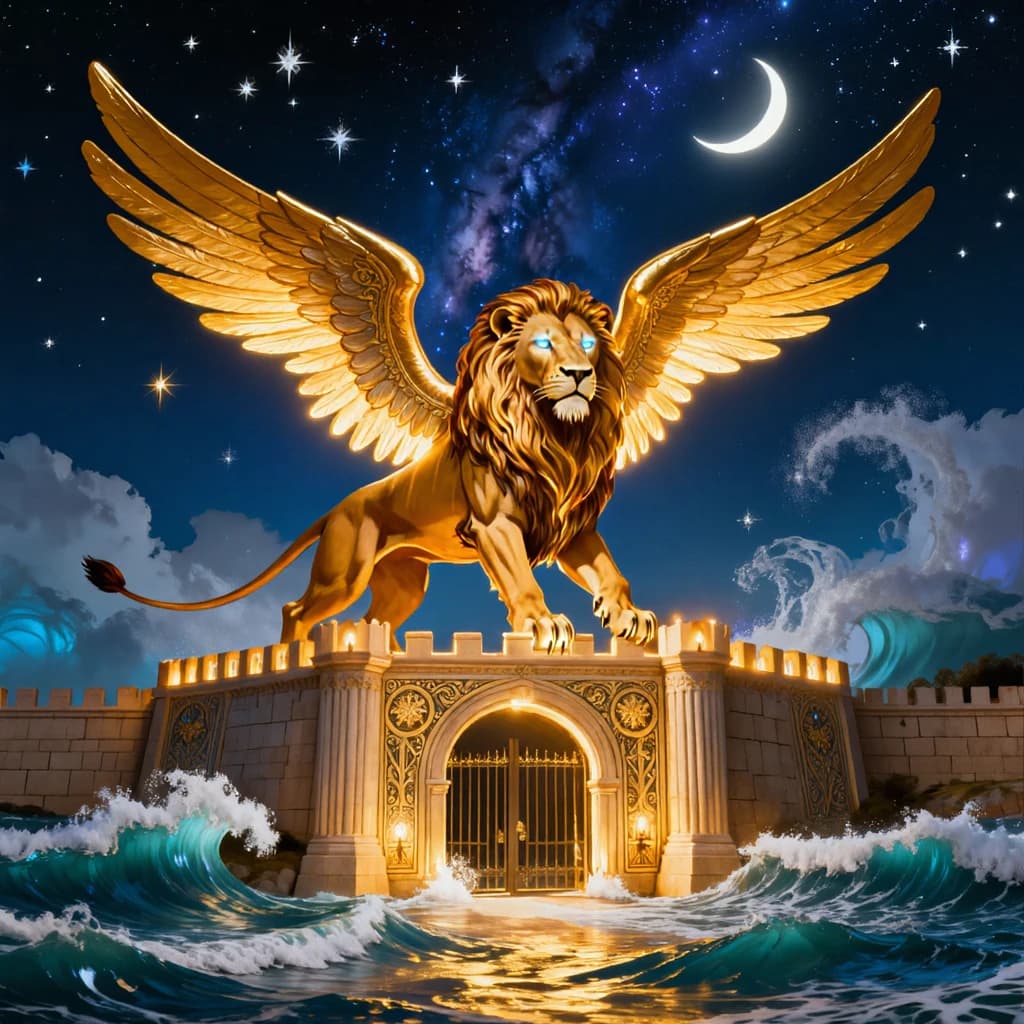 Paint an illuminated manuscript scene of a winged lion guarding a sea gate.