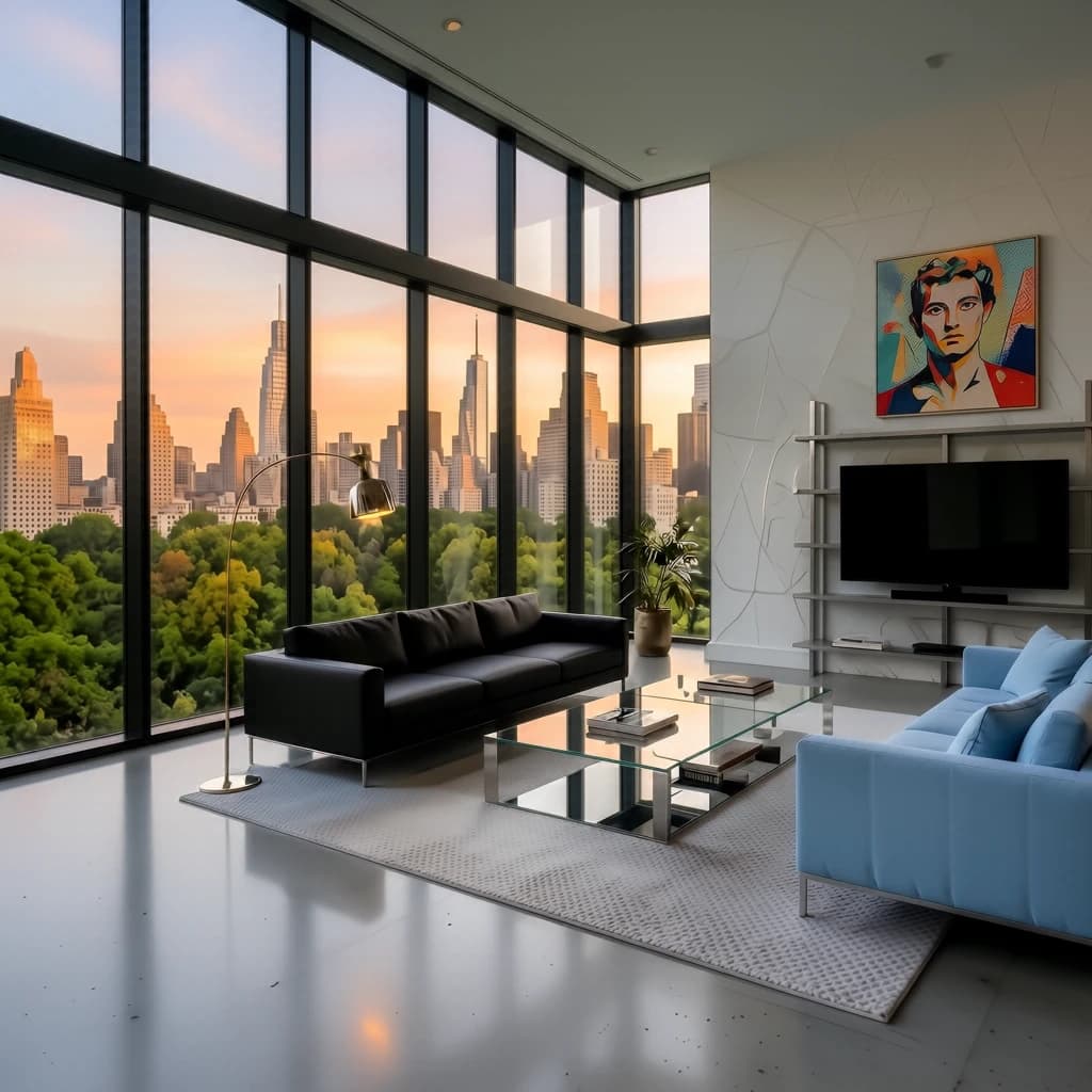 My apartment overlooks Central Park. It’s very luxurious, very expensive, and the furniture is minimal — a black leather couch, a glass coffee table with chrome legs, an Arne Jacobsen floor lamp. A big-screen television set rests on a steel shelving unit. A David Onica painting hangs above the couch. There’s a stainless steel and glass cocktail table. A powder-blue sofa. A thirty-inch digital TV.