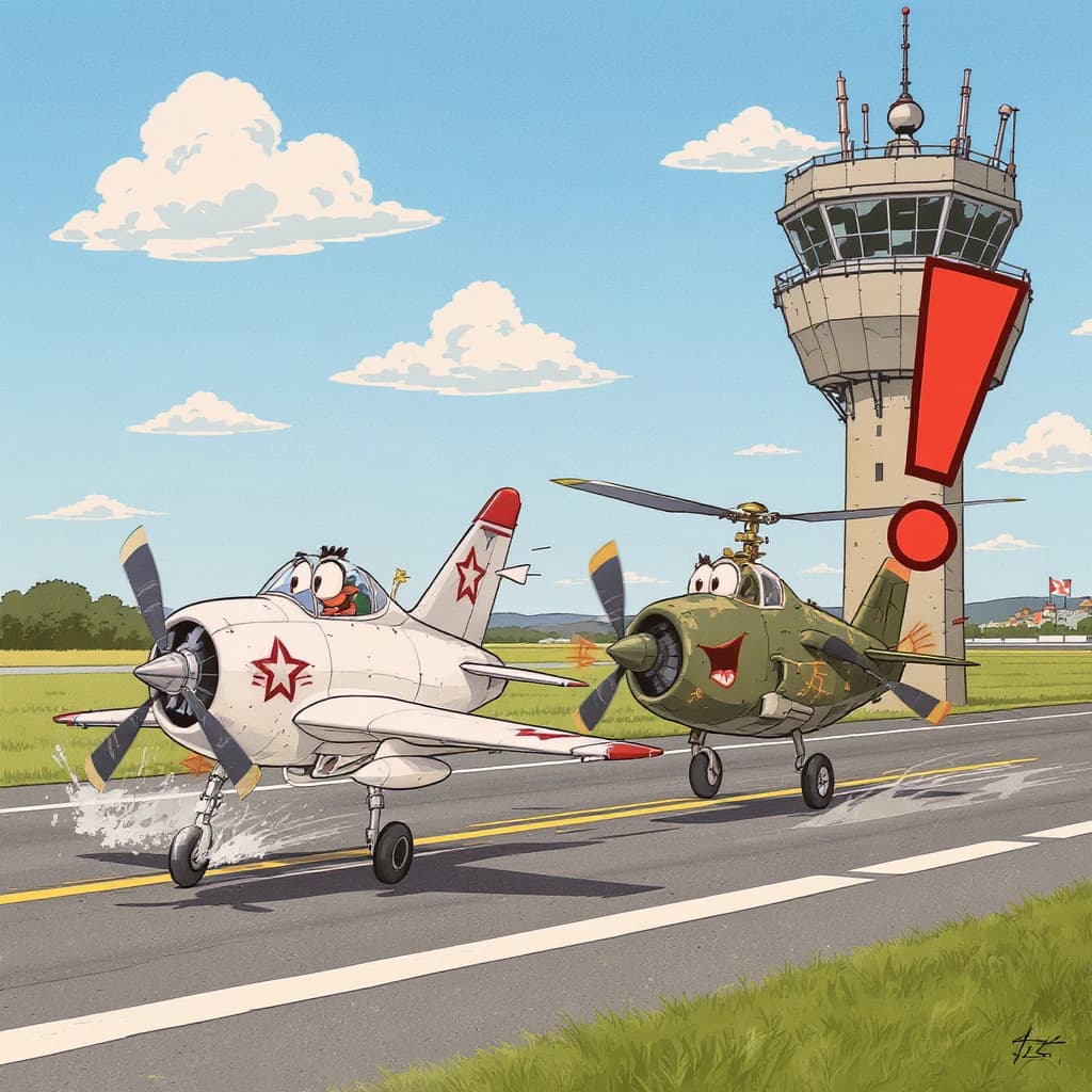Almost at the runway, Fred the Fighter Jet is racing with Barry the Bomber to see who lands first. Fred has a mischievous trick up his sleeve but Hermione the Helicopter is going to stop him before he gets the chance. The control tower is very angry and has a big exclamation mark. Hand drawn cel look